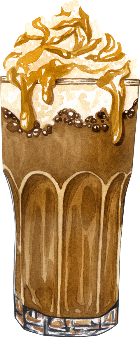 Hand drawn cup of coffee latte. Watercolor caramel frappe illustration.