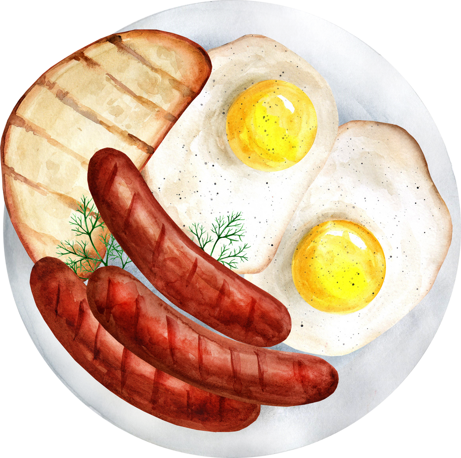 Breakfast Fried Eggs and Sausages Watercolor